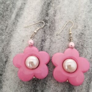 Vintage Pink Flower Dangle Earrings, Puffy Design, Faux Pearl Center, Estate